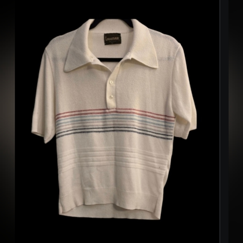 Lahmar Men's White knit Striped Polo Shirt. Size large